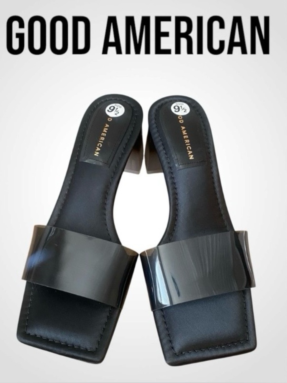Good American Black Ombre Block Heel Slide Sandals Clear Strap NWOB Size 8.5